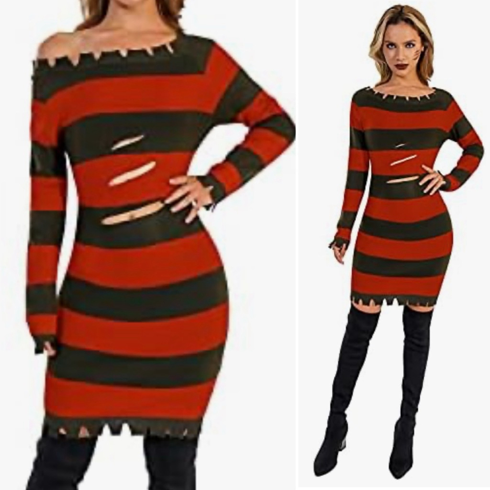 NWT Women's Nightmare on Elm Street Freddy Krueger Sweater Dress Costumer Size L